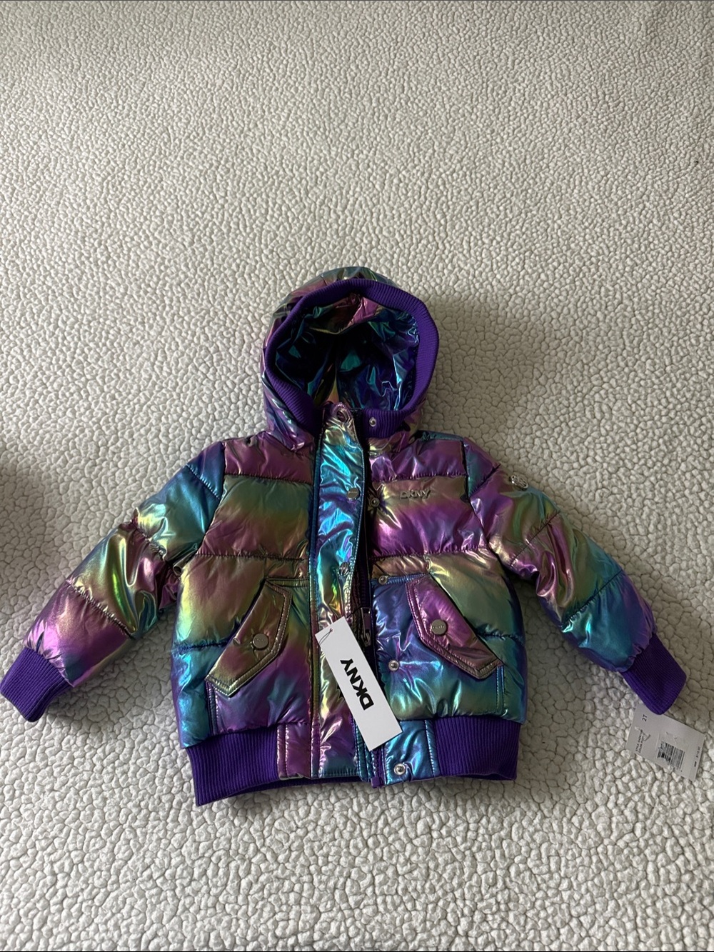 DKNY Kids Iridescent Rainbow Hooded Puffer Jacket